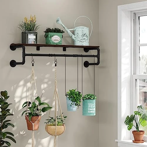 Crehomfy Industrial Pipe Clothes Rack With Top Shelf And 3 Hooks, 41''L Wall Mounted Garment Rack, Heavy Duty Iron Garment Bar, Clothes Hanging Rod Bar, 4 Base Max Load 135Lb Black 6 Crehomfy Industrial Pipe Clothes Rack With Top Shelf And 3 Hooks, 41''L Wall Mounted Garment Rack, Heavy Duty Iron Garment Bar, Clothes Hanging Rod Bar, 4 Base Max Load 135Lb Black - Image 6