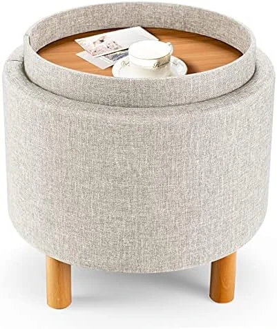 Giantex Round Storage Ottoman With Tray, Accent Storage Footstool W/ Soft Padding, Fabric Sitting Stool W/ Solid Wood Legs & Non-Slip Pads, Tray Top Coffee Table For Living Room, Bedroom (Grey) 5 Giantex Round Storage Ottoman With Tray, Accent Storage Footstool W/ Soft Padding, Fabric Sitting Stool W/ Solid Wood Legs & Non-Slip Pads, Tray Top Coffee Table For Living Room, Bedroom (Grey) - Image 5