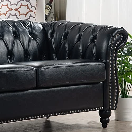 HomSof Rolled Arm Chesterfield 3 Seater Sofa, Mid Century Modern Couch For Small Spaces, Black PU|line 84‘’ 4 HomSof Rolled Arm Chesterfield 3 Seater Sofa, Mid Century Modern Couch For Small Spaces, Black PU|line 84‘’ - Image 4