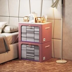 3 Pack Clothes Storage Box - Oxford Foldable Stackable Container Organizer Set For Clothing Fabric Frame Storage Bin Bags With Clear Window And Double Handles (66L, Red) -Songmics Furniture Shop 51vqwFTLmgL