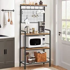 BEEWOOT Bakers Rack, Coffee Bar, Microwave Oven Stand With Shelf, Utility Storage Shelf For Spices, Pots, And Pans, Workstation With 11 Hooks, Stable Metal Frame, Rustic Brown BR01BB007 -Songmics Furniture Shop 51vu18w3DuL