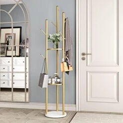 DOORXIFO Metal Gold Coat Rack Freestanding, Coat Hanger Stand, Hall Tree Coat Rack For Hanging Hats, Scarves, Bags, Modern Coat Rack With Double Shelves, Corner Coat Rack, 9 Hooks, Gold -Songmics Furniture Shop 51vwLQWn4L. AC