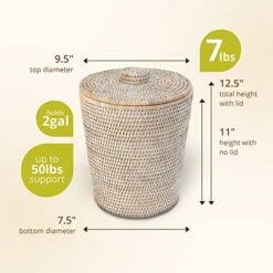 KOUBOO La Jolla Rattan Round Waste Basket With Lid & Plastic Insert, 2 Gallon Woven Wastebasket For Bathroom, Kitchen, Office, Living Room, & Home Decor, White Wash -Songmics Furniture Shop 51vzeCGusqL