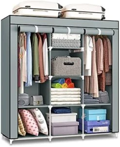 WSNIJFU Portable Closet Wardrobe, Freestanding Closet Organizer With Cover, Non-Woven Fabric Closet Rack With 2 Hanging Rods, Sturdy Spacious Canvas Wardrobe For Bedroom 46.4x17.7x66.5inch Brown -Songmics Furniture Shop 51w1lEKpkDL. AC