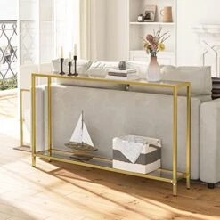 HOOBRO 55.1" Gold Console Table, Narrow Tempered Glass Entryway Table, Sofa Table Behind Couch, Modern Style, Metal Frame, Hallway, Living Room, Gold GD06XG01 15 HOOBRO 55.1" Gold Console Table, Narrow Tempered Glass Entryway Table, Sofa Table Behind Couch, Modern Style, Metal Frame, Hallway, Living Room, Gold GD06XG01 -Songmics Furniture Shop 51w6GH4I8DL