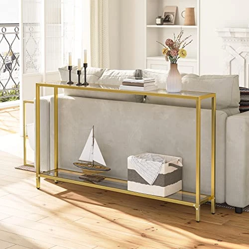 HOOBRO 55.1" Gold Console Table, Narrow Tempered Glass Entryway Table, Sofa Table Behind Couch, Modern Style, Metal Frame, Hallway, Living Room, Gold GD06XG01 6 HOOBRO 55.1" Gold Console Table, Narrow Tempered Glass Entryway Table, Sofa Table Behind Couch, Modern Style, Metal Frame, Hallway, Living Room, Gold GD06XG01 - Image 6