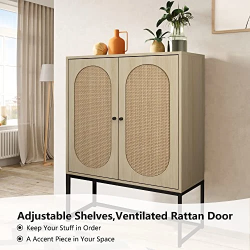 AWQM Natural Rattan 2 Door High Cabinet,Sideboard Buffet Cupboard Accent Cabinet,Adjustable Shelves,Free Standing Bookmatch,Easy Assembly26.77 L X 15.75" W X 41.34" H,Rustic Oak Beige 6 AWQM Natural Rattan 2 Door High Cabinet,Sideboard Buffet Cupboard Accent Cabinet,Adjustable Shelves,Free Standing Bookmatch,Easy Assembly26.77 L X 15.75" W X 41.34" H,Rustic Oak Beige - Image 6