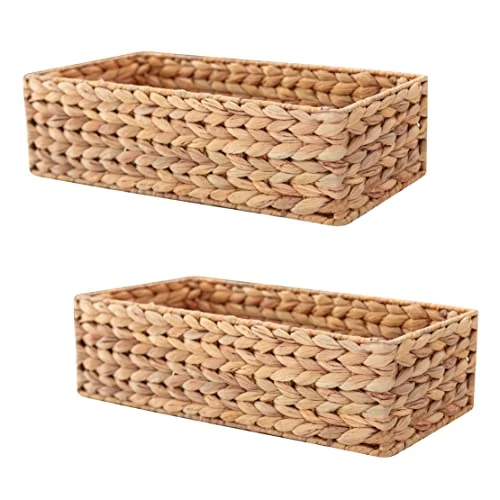 HOMESTEAD Water Hyacinth Storage Baskets, Long Narrow Rectangular Wicker Baskets For Bedroom, Living Room, Bathroom, Shelves - Set Of 2 1 HOMESTEAD Water Hyacinth Storage Baskets, Long Narrow Rectangular Wicker Baskets For Bedroom, Living Room, Bathroom, Shelves - Set Of 2