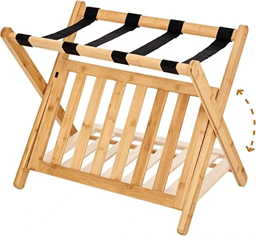 Folding Luggage Rack For Guest Room Pack Of 2 Foldable Luggage Racks For Suitcase Stand With Nylon Straps,Luggage Stand Double Tiers Bamboo Luggage Holder With Shelf For Bedroom,Hotel,No Assembly Required 4 Folding Luggage Rack For Guest Room Pack Of 2 Foldable Luggage Racks For Suitcase Stand With Nylon Straps,Luggage Stand Double Tiers Bamboo Luggage Holder With Shelf For Bedroom,Hotel,No Assembly Required - Image 4
