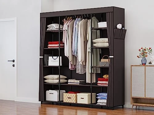 INGIORDAR Portable Closet Wardrobe Organizer Storage With Cover Non-Woben Fabric Portable Wardrobe Closet For Hanging Clothes Racks Shelving 59 Inch For Bedroom, Coffee 2 INGIORDAR Portable Closet Wardrobe Organizer Storage With Cover Non-Woben Fabric Portable Wardrobe Closet For Hanging Clothes Racks Shelving 59 Inch For Bedroom, Coffee - Image 2