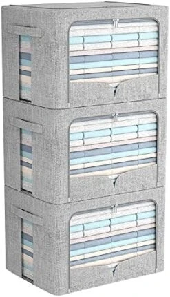 3 Pack Clothes Storage Bins - Foldable Metal Frame Storage Box - Stackable Linen Fabric Organizer Set With Carrying Handles And Clear Window (Beige, 19.7x15.7x12.6inch(66L)) -Songmics Furniture Shop 51wU5ivVUiL. AC