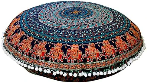 Rajasthaniartdecor Round Pouf Cover Cushion Cotton With Pom Meditetion Seating For Living Dorm Room Color Size 32 Inch Inches (Cover Only) (Blue Gold), RADC003-V, Inches(80 Cm) 13 Rajasthaniartdecor Round Pouf Cover Cushion Cotton With Pom Meditetion Seating For Living Dorm Room Color Size 32 Inch Inches (Cover Only) (Blue Gold), RADC003-V, Inches(80 Cm) - Image 13
