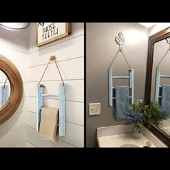 DOCMON 3-Tier Towel Rack, Wood Bathroom Decor Wall-Hanging Towel Storage Ladder With Rope For Farmhouse Room Decor (Blue)