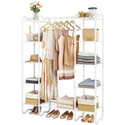 Gewudraw Portable Closet Wardrobe Rack, Metal Garment Rack Clothes Organizer, Clothing Rack With Shelves For Hanging Clothes, Freestanding Closet Wire Shelving Clothes Rack