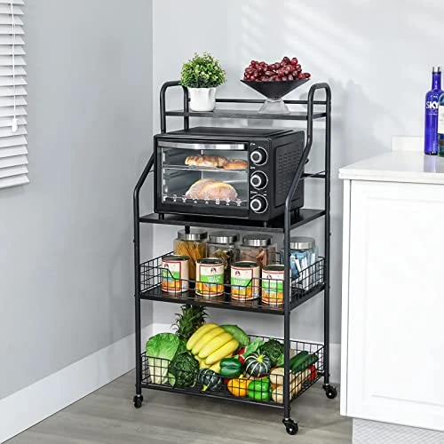 4 Tier Rolling Bakers Rack With Storage 5 S Hooks, Kitchen Rolling Utility Cart With Shelves Wire Basket, Kitchen Serving Bar Cart, Microwave Oven Stand Fruit Vegetable Spice Organizer Rack-Black 3 4 Tier Rolling Bakers Rack With Storage 5 S Hooks, Kitchen Rolling Utility Cart With Shelves Wire Basket, Kitchen Serving Bar Cart, Microwave Oven Stand Fruit Vegetable Spice Organizer Rack-Black - Image 3