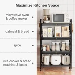 ISPECLE Bakers Racks For Kitchens With Storage, 4 Tier Microwave Stand With Storage Sturdy Kitchen Rack With Wheels For Small Appliances, Easy To Move, Black -Songmics Furniture Shop 51x2pXsEBkL