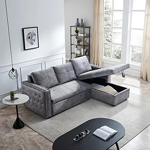 Merax 91'' Reversible Sleeper Sectional Sofa Couch With Pull-Out Sleeper, L-Shape 3-Seater Convertible Corner Couch Sofa Bed With Storage Chaise And Copper Nail For Living Room Furniture Set (Grey) 2 Merax 91'' Reversible Sleeper Sectional Sofa Couch With Pull-Out Sleeper, L-Shape 3-Seater Convertible Corner Couch Sofa Bed With Storage Chaise And Copper Nail For Living Room Furniture Set (Grey) - Image 2