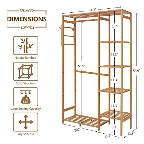 Ufine Bamboo Garment Rack 6 Tier Storage Shelves Clothes Hanging Rack With Side Hooks, Heavy Duty Clothing Rack Portable Wardrobe Closet Organizer 4 Ufine Bamboo Garment Rack 6 Tier Storage Shelves Clothes Hanging Rack With Side Hooks, Heavy Duty Clothing Rack Portable Wardrobe Closet Organizer - Image 4