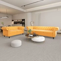 QHITTY 2 Piece Living Room Set, Sectional Chesterfield Sofa Chair Contemporary Upholstered Velvet Loveseat Couch Sets For Living Room, Bedroom, Office