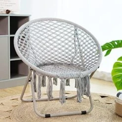 PASAMIC Saucer Chair With Folding Metal Frame, 100% Cotton Handmade Round Cozy Chairs, Exquisite Moon Chair For Bedroom, Living Room Décor Beige -Songmics Furniture Shop 51xMQ7lUJkL. AC