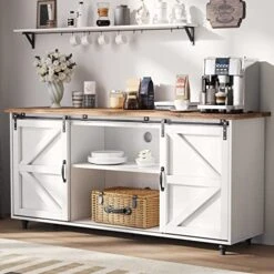 Farmhouse Coffee Bar Cabinet, 58’’ Kitchen Buffet Sideboard Cabinet With Sliding Barn Door, Coffee Bar Table With Adjustable Shelves, White Buffet Table With Storage,Living Dining Room Storage Cabinet