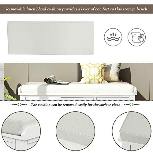 SOFTSEA Oragnizer Storage Bench With 3 Drawers Home Collection Entryway Bench With 3 Rattan Baskets And Removable Cushion For Hallway, Living Room, Shoe Bench Full Assemble(White) 5 SOFTSEA Oragnizer Storage Bench With 3 Drawers Home Collection Entryway Bench With 3 Rattan Baskets And Removable Cushion For Hallway, Living Room, Shoe Bench Full Assemble(White) - Image 5