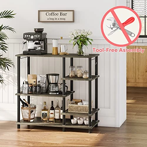 Bestier Kitchen Bakers Rack Industrial Coffee Bar Microwave Oven Stand Kitchen Shelf With Large Worktop Stable Steel Structure Corner Coffee Station With 4 Hooks Tool-Free Assembly, Gray 4 Bestier Kitchen Bakers Rack Industrial Coffee Bar Microwave Oven Stand Kitchen Shelf With Large Worktop Stable Steel Structure Corner Coffee Station With 4 Hooks Tool-Free Assembly, Gray - Image 4