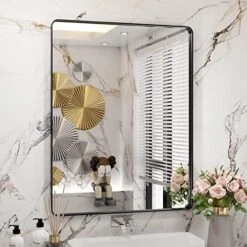 WEER 22X30 Inch Black Metal Framed Bathroom Mirror, Matte Black Bathroom Vanity Mirror, Rectangular Black Wall Mirror For Bathroom, Tempered Glass, Rounded Corner, Hangs Horizontal Or Vertical -Songmics Furniture Shop 51xoYaSML. AC