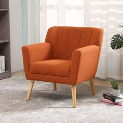 MELLCOM Mid Century Modern Accent Chair, Comfy Linen Fabric Club Chair With Solid Wood Legs Tufted Back, Upholstered Armchair Chairs For Living Room, Reading Room, Bedroom, Orange/Blue -Songmics Furniture Shop 51xsc3HKJwL