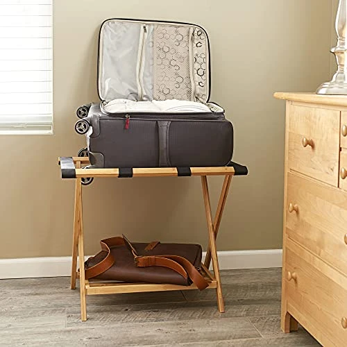 Household Essentials Fully Assembled Folding Luggage Rack With Lower Storage Shelf | Bamboo Frame With Black Straps, Brown 6 Household Essentials Fully Assembled Folding Luggage Rack With Lower Storage Shelf | Bamboo Frame With Black Straps, Brown - Image 6