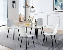 Dining Table Set For 4, Rectangle Black Glass Table And 4 Velvet Dining Room Chairs, 5 Pieces Modern Kitchen Table And Chairs Set For Home Small Space (Black Rectangle Table + 4 Light Grey Chairs)
