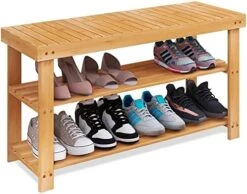 SMIBUY Bamboo Shoe Rack Bench, 3-Tier Shoe Organizer Storage Shelf For Entryway Hallway Bathroom Living Room (White) -Songmics Furniture Shop 51y1 ZNmBAL. AC