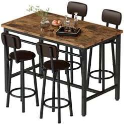 AWQM Dining Table Set For 4, Industrial Kitchen Table And Chairs For 4, Counter Height Pub Bar Table And Chairs Dining Set With Metal Frame, Adjustable Foot Pad For Breakfast, Dining, Kitchen