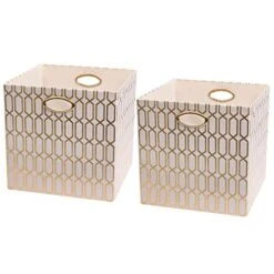 Posprica Storage Bins, Storage Cubes,13×13 Fabric Drawers Organizer Basket Boxes Containers (13×13×13/2pcs, Cream/gold Geometry Pattern)