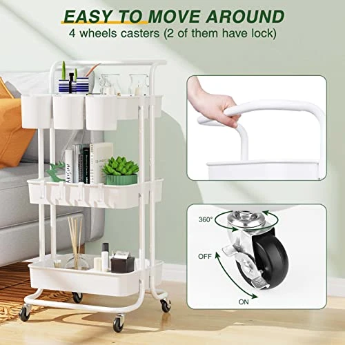 LEHOM 3-Tier Rolling Utility Cart With Hanging Cups & Hooks & Handle, Multifunctional Art Cart Organizer Storage With Wheels, Easy Assembly For Office, Bedroom, Kitchen, Bathroom, Laundry (White) 4 LEHOM 3-Tier Rolling Utility Cart With Hanging Cups & Hooks & Handle, Multifunctional Art Cart Organizer Storage With Wheels, Easy Assembly For Office, Bedroom, Kitchen, Bathroom, Laundry (White) - Image 4