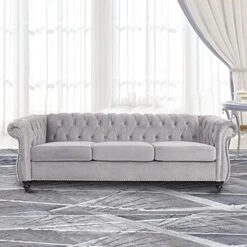 NOSGA Modern Velvet Fabric L Shaped 3-Seat Sectional Sofa Couch, Furniture Sectional Chesterfield Couch Set, Upholstered Scroll Arm Chesterfield Sofa With Chaise For Living Room(Light Grey) -Songmics Furniture Shop 51yKGaWOfcL. AC 1
