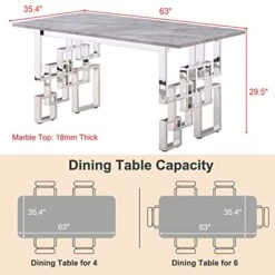 Goderfuu Marble Dining Room Table - 63 Inch Modern Dining Table With Silver Stainless Steel Base, Rectangle Dining Table For 6, Gray White Dining Table With Marble Top And Polished High Gloss Frame