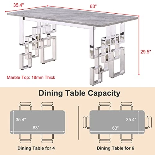 Goderfuu Marble Dining Room Table - 63 Inch Modern Dining Table With Silver Stainless Steel Base, Rectangle Dining Table For 6, Gray White Dining Table With Marble Top And Polished High Gloss Frame 1 Goderfuu Marble Dining Room Table - 63 Inch Modern Dining Table With Silver Stainless Steel Base, Rectangle Dining Table For 6, Gray White Dining Table With Marble Top And Polished High Gloss Frame
