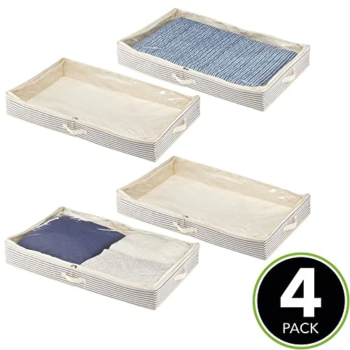MDesign Soft Fabric Under Bed Storage Organizer Holder Bag For Clothing, Accessories, Linen - Easy-View Top Panel, Attached 2-Way Zippered Lid, Side Handles - 4 Pack - Natural/Cobalt Blue 2 MDesign Soft Fabric Under Bed Storage Organizer Holder Bag For Clothing, Accessories, Linen - Easy-View Top Panel, Attached 2-Way Zippered Lid, Side Handles - 4 Pack - Natural/Cobalt Blue - Image 2