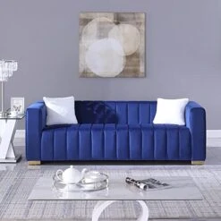 Kevinplus Modern Sofa Couch 2 Set For Living Room, Velvet Chesterfield 2-Pcs Upholstered Sofa Couch For Apartment Bedroom Office, Strong Gold Metal Legs, Blue -Songmics Furniture Shop 51yOAH5aXnL