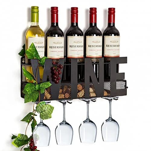 SODUKU Wall Mounted Metal Wine Rack 4 Long Stem Glass Holder & Wine Cork Storage Wine 2 SODUKU Wall Mounted Metal Wine Rack 4 Long Stem Glass Holder & Wine Cork Storage Wine - Image 2