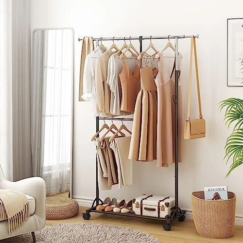 Tajsoon Clothes Rack,Heavy Duty Double Rods Clothes Hanging Rack,Commercial Clothing Storage Display,Adjustable Standard Rolling Garment Rack With Wheels,Clothing Rack,Chrome 1 Tajsoon Clothes Rack,Heavy Duty Double Rods Clothes Hanging Rack,Commercial Clothing Storage Display,Adjustable Standard Rolling Garment Rack With Wheels,Clothing Rack,Chrome