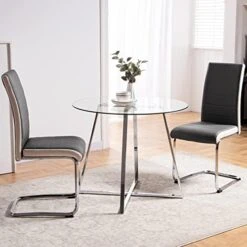 5 Pieces Dining Table And Chairs Set - Modern Round Dining Room Table With 4 Leather Chairs - Tempered Glass Table Top And Chrome Legs Kitchen Table Set For Small Space - White -Songmics Furniture Shop 51yf3egEycL. AC
