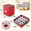 Wave Christmas Ornament Storage Box Holiday Decoration Organizer, Holds Up To 64 Ornaments Decoration Balls, Holiday Ornaments & Xmas Accessories With Adjustable Dividers, Zippered Closure, 4 Removable Trays, 600D Oxford, 13.38"L X 13.38"W X 15.2"H
