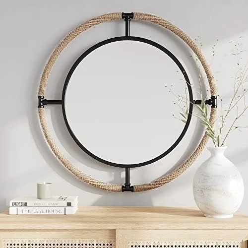 Barnyard Designs 32 Inch Round Mirror, Modern Bathroom Mirrors For Wall, Farmhouse Mirror Rope/Metal Framed Round Mirror, Circle Mirrors Bathroom Vanity Mirror, Wall Mirrors Home Decor, Black/Natural 7 Barnyard Designs 32 Inch Round Mirror, Modern Bathroom Mirrors For Wall, Farmhouse Mirror Rope/Metal Framed Round Mirror, Circle Mirrors Bathroom Vanity Mirror, Wall Mirrors Home Decor, Black/Natural - Image 7