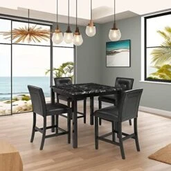 Merax 5-Piece Wooden Dining Set, Faux Marble Top Counter Height Dining Room Table And 4 PU Leather-Upholstered Dining Chairs With Footrest, Dark Brown -Songmics Furniture Shop 51yscfJm7cL. AC