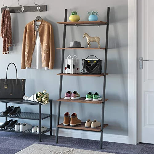 TINKLE WELL 5-Tier Bookshelf, Industrial Leaning Ladder Shelf, Wooden Storage Display Rack For Living Room, Bedroom, Office, Rustic Brown 3 TINKLE WELL 5-Tier Bookshelf, Industrial Leaning Ladder Shelf, Wooden Storage Display Rack For Living Room, Bedroom, Office, Rustic Brown - Image 3