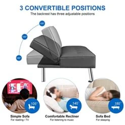 Yaheetech Convertible Sofa Couch Futon Bed Faux Leather Sofa Bed Sleeper Adjustable Loveseat Futon Couch Living Room Furniture With Chrome Metal Legs, Gray -Songmics Furniture Shop 51yvVwHVYgL