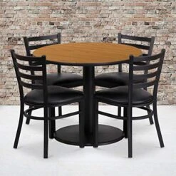 Flash Furniture 36'' Round Black Laminate Table Set With Round Base And 4 Ladder Back Metal Chairs - Black Vinyl Seat
