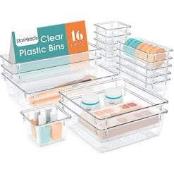 StorMiracle 16 PCS Drawer Organizer Set, 5 Varied Size Bathroom And Kitchen Drawer Cabinet Organizer Trays, Clear Storage Bins For Makeup, Jewelry, Utensils And Gadgets